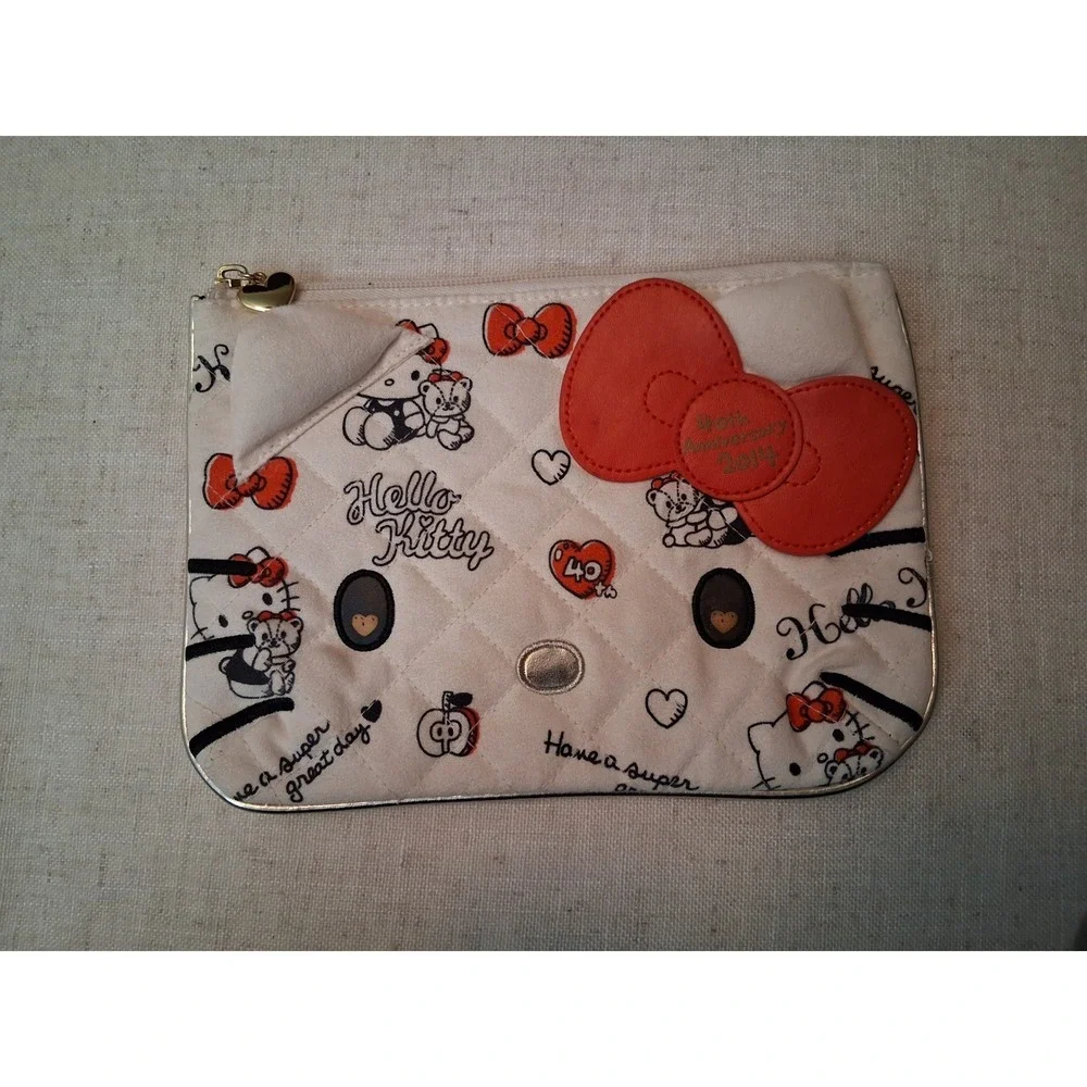 Sanrio Hello Kitty 40th Anniversary Quilted Pouch 2014 Cream Red Bow Makeup Bag